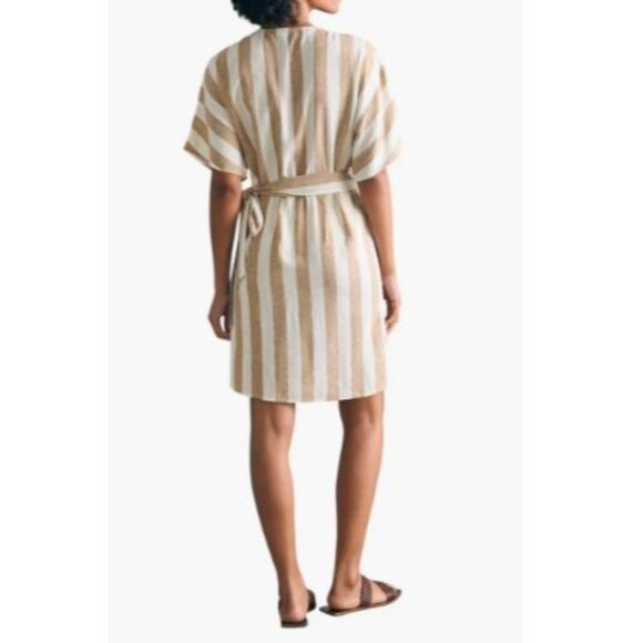 Faherty Striped Willow Wrap Dress Womens Size M Linen Capsule Minimalist Beach - Picture 2 of 8